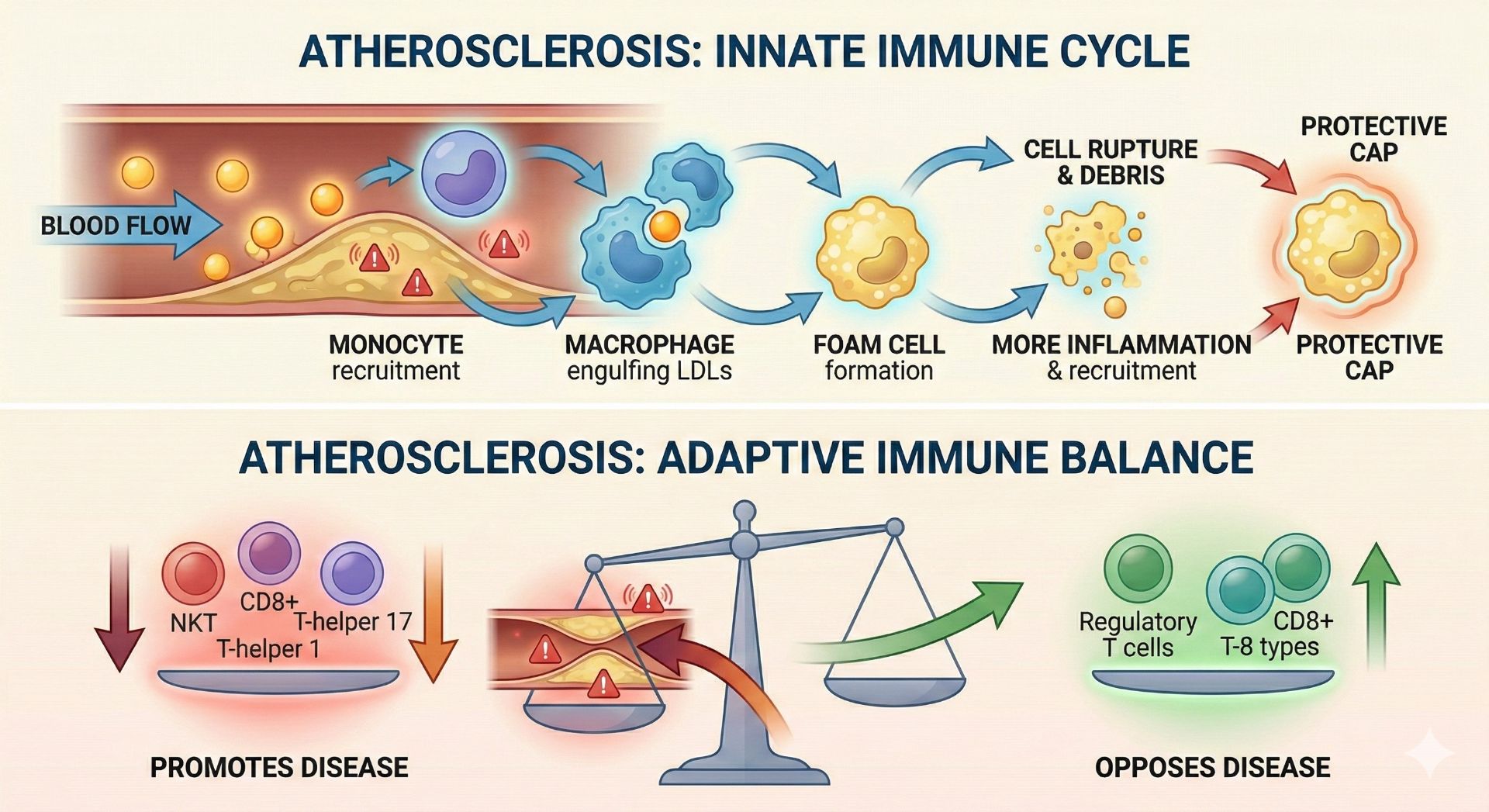 Chart depicting the innate immune cycle and the balance of adaptive immune responses in atherosclerosis.