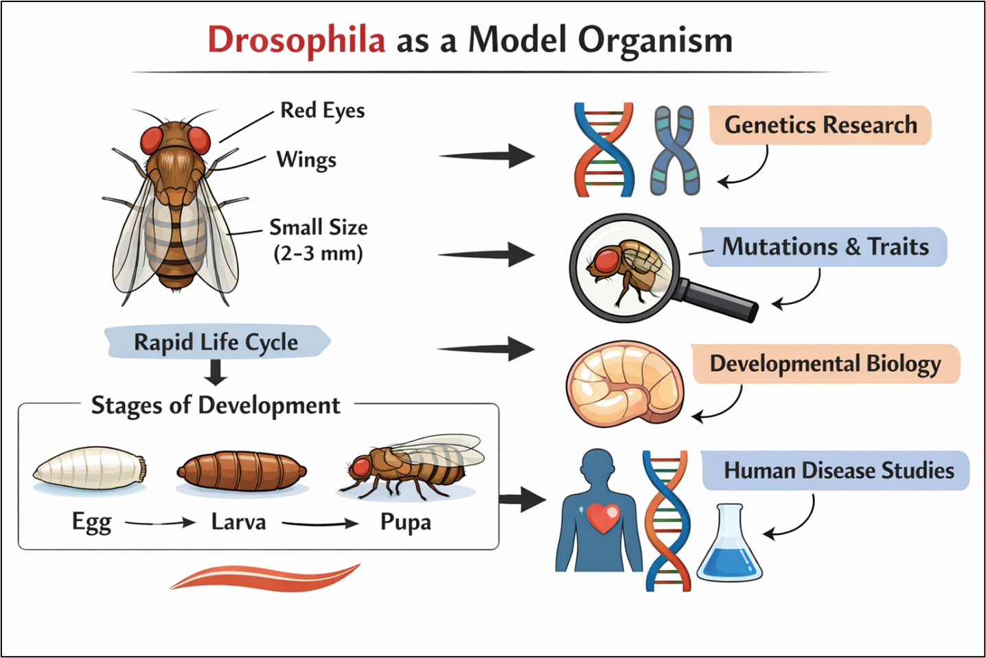 Fig. Drosophila melanogaster is a small fruit fly widely used as a model organism to study genetics, development, and human disease. Its short life cycle and simple maintenance make it ideal for scientific research.