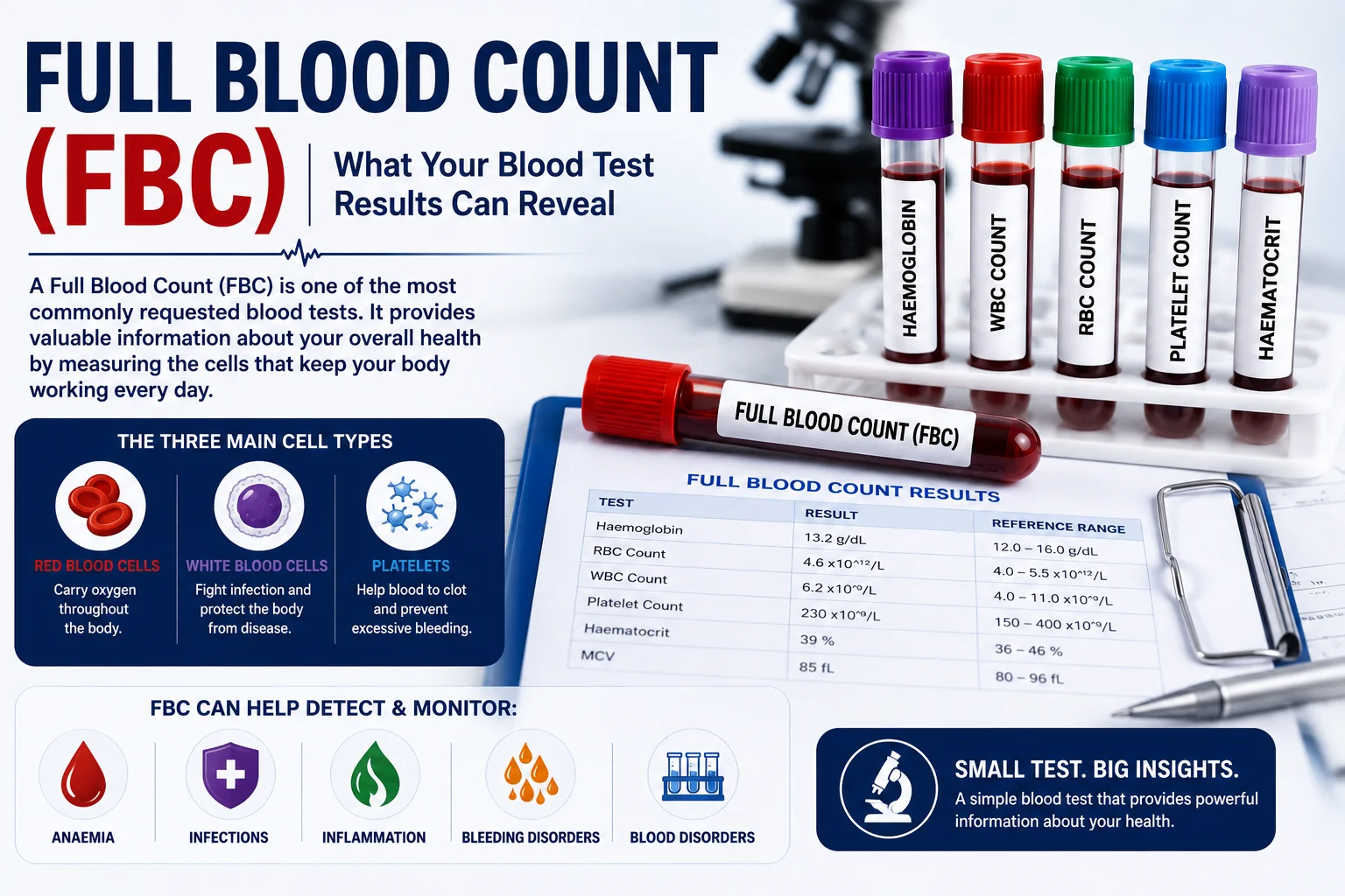 Full Blood Count (FBC) blood test showing red blood cells, white blood cells, platelets, haemoglobin and other blood parameters
