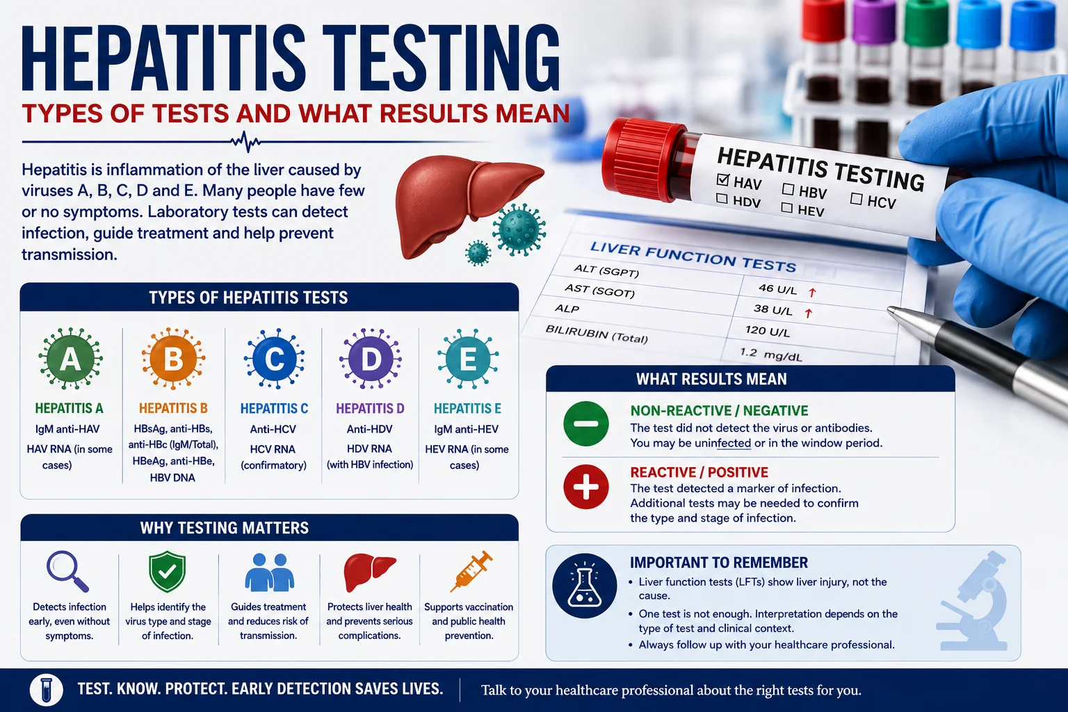 Medical illustration showing hepatitis testing methods, liver tests, and interpretation of hepatitis test results