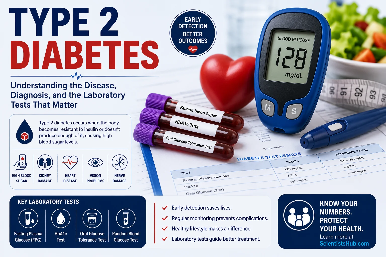 Medical illustration showing a blood glucose meter, blood sample tubes labeled HbA1c and fasting blood glucose, healthy food, and a heart symbol representing Type 2 diabetes diagnosis and laboratory testing.