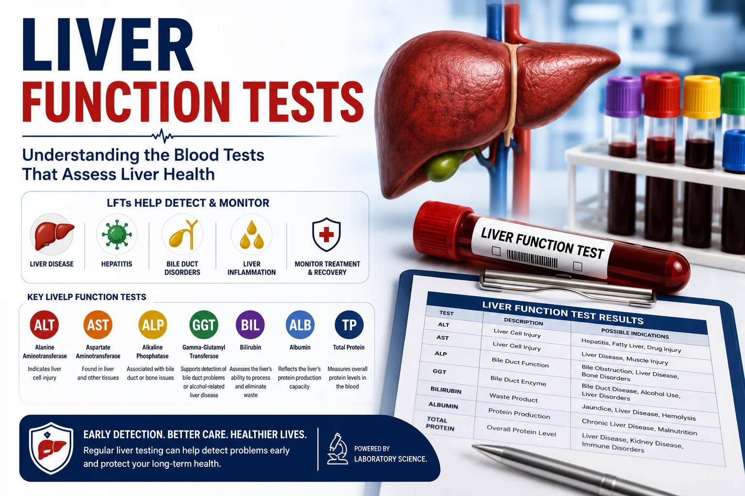 Medical infographic showing a healthy liver alongside blood collection tubes labeled ALT, AST, ALP, GGT, bilirubin, and albumin, illustrating liver function tests.