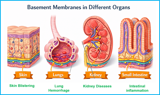 Schematic illustration of the basement membrane and diseases