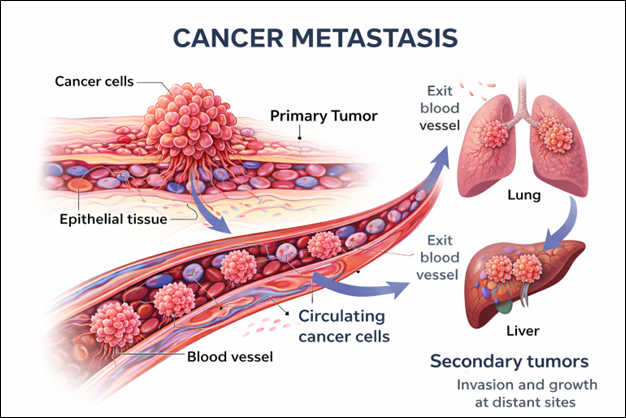 Schematic illustration of cancer metastasis.